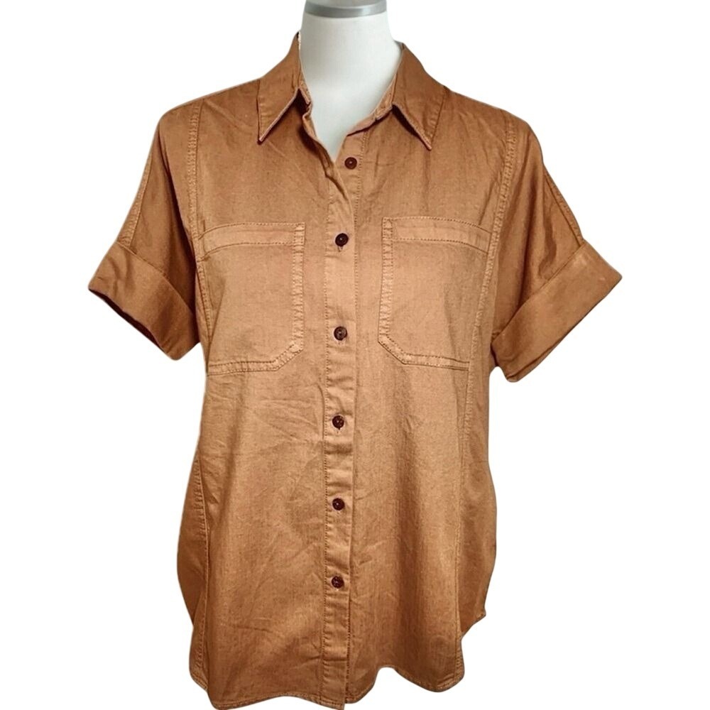 NWT Oat New York Tan Button Down Shirt Women 100% Cotton